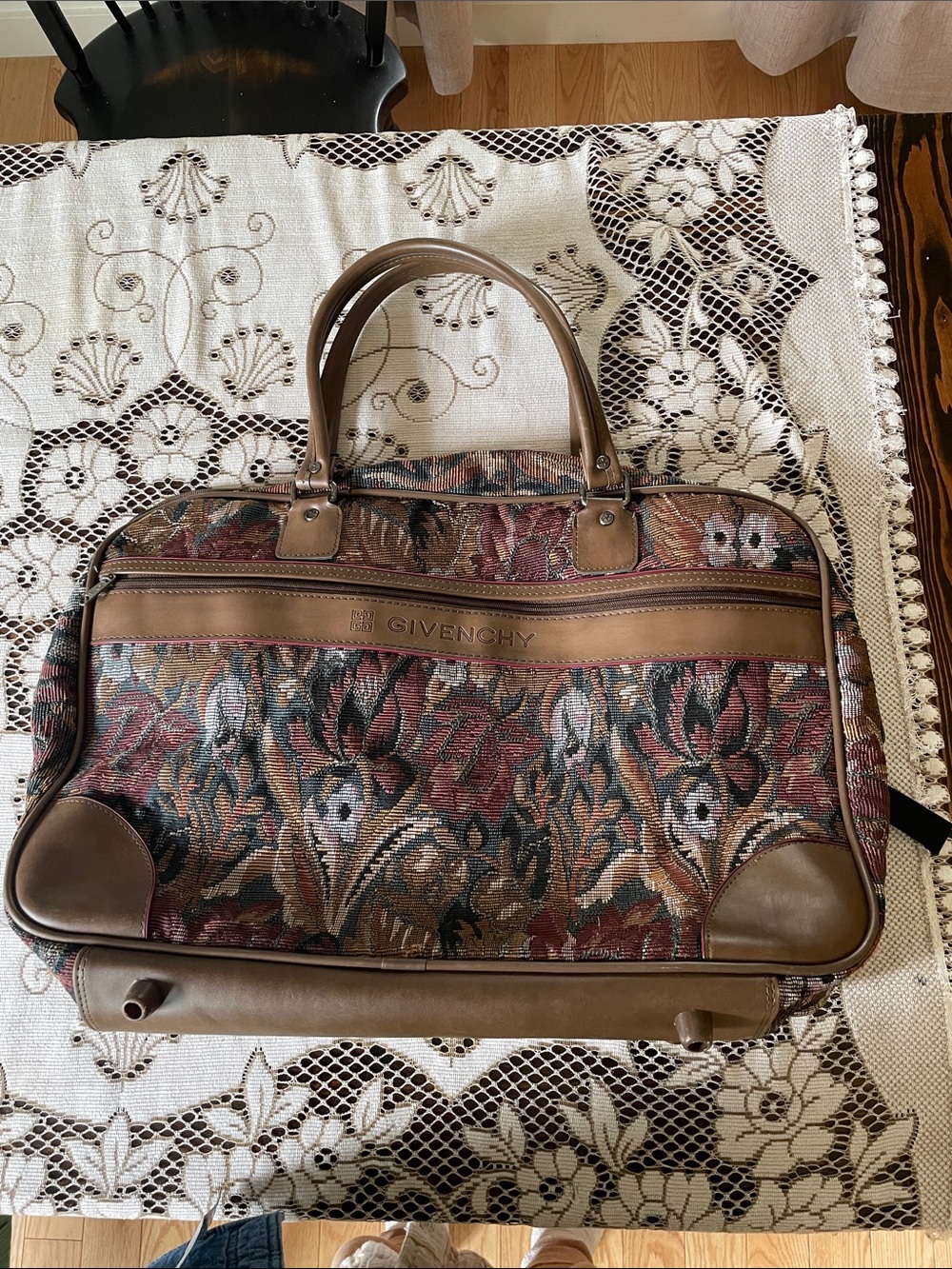 Givenchy Multicolor Floral Tweed Tapestry Travel Duffel with Brown Pleather Trim